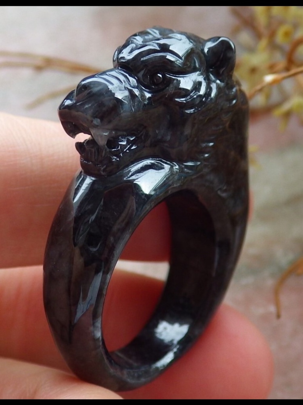 Certificate JADEITE Jade carved black Tiger luck good fortune ring size 7.75